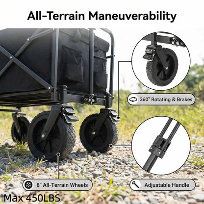 Heavy Duty Foldable Utility Wagon, 450lbs Capacity Cart with 360° Wheels for Camping, Beach & Shopping