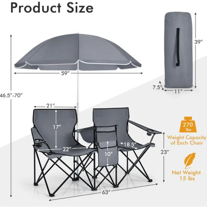 2-Seat Folding Camping Chair with Removable Umbrella for Beach, Patio & Backyard Use