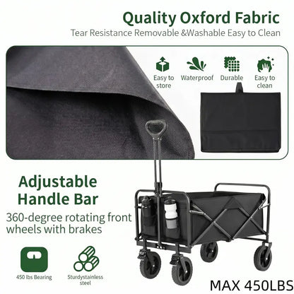 Heavy Duty Foldable Utility Wagon, 450lbs Capacity Cart with 360° Wheels for Camping, Beach & Shopping