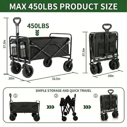 Heavy Duty Foldable Utility Wagon, 450lbs Capacity Cart with 360° Wheels for Camping, Beach & Shopping