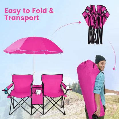 2-Seat Folding Camping Chair with Removable Umbrella for Beach, Patio & Backyard Use