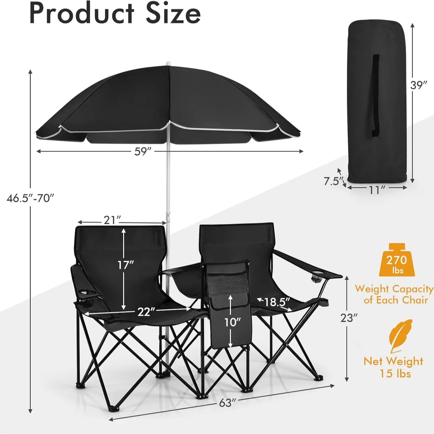 2-Seat Folding Camping Chair with Removable Umbrella for Beach, Patio & Backyard Use