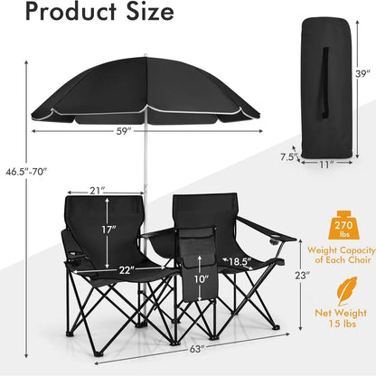 2-Seat Folding Camping Chair with Removable Umbrella for Beach, Patio & Backyard Use