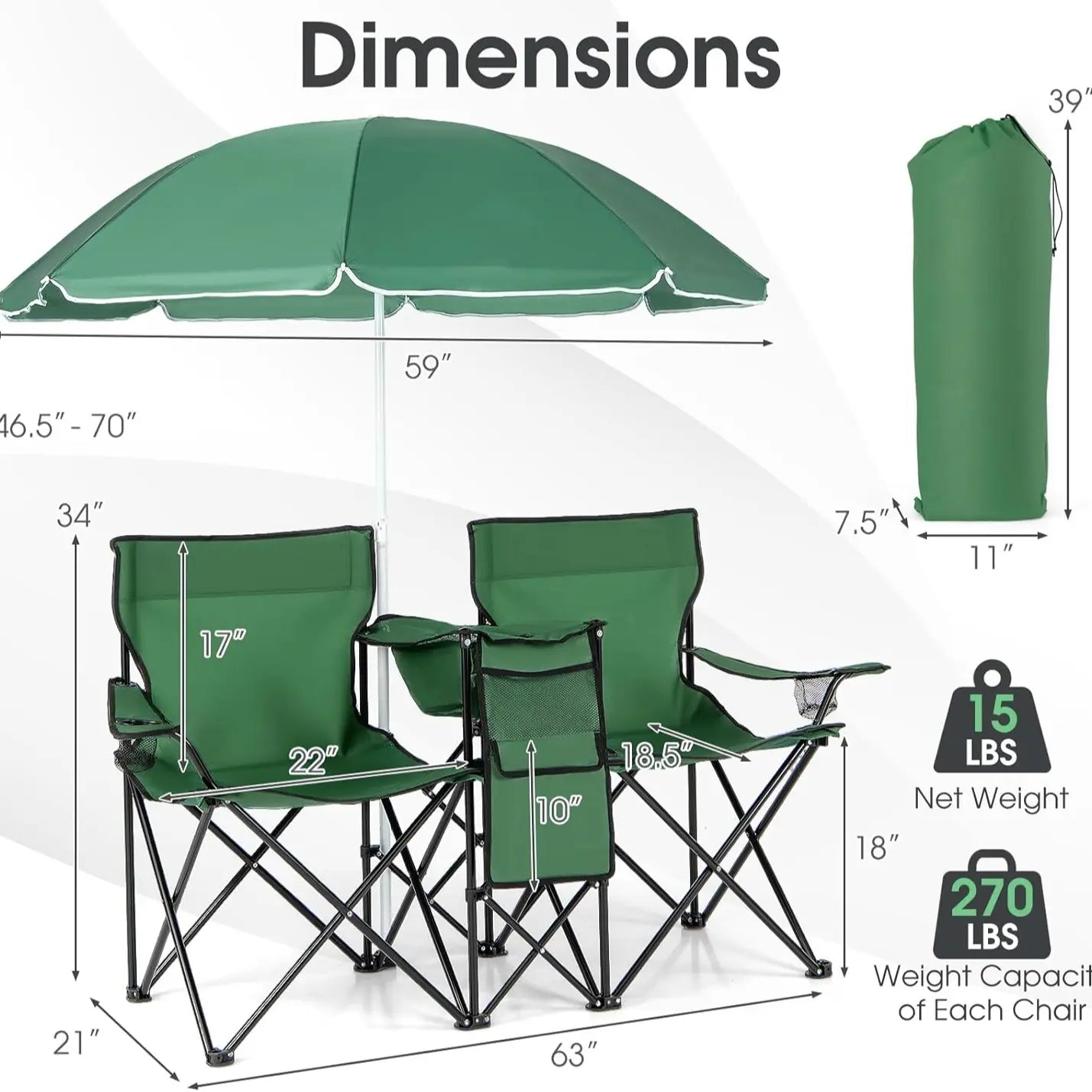 2-Seat Folding Camping Chair with Removable Umbrella for Beach, Patio & Backyard Use